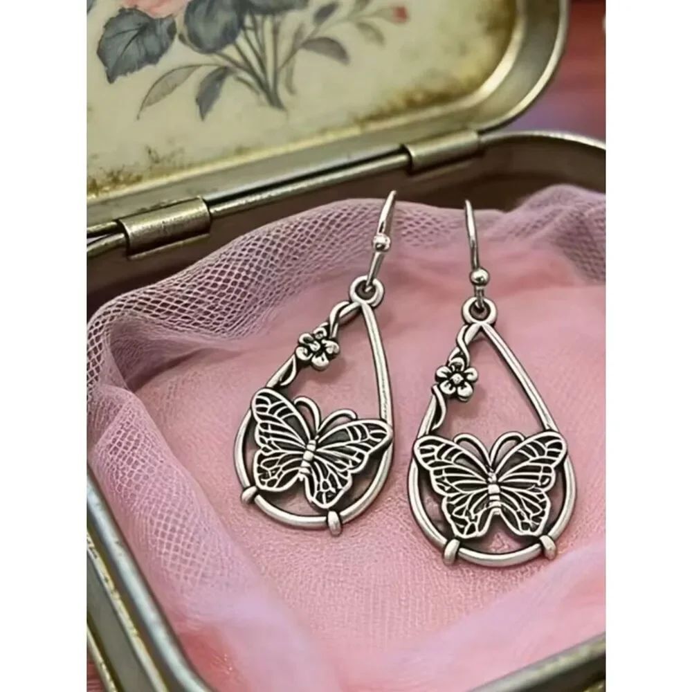 Bohemian Butterfly Earrings Water Hollow Drop Shape Matte Metallic Finish